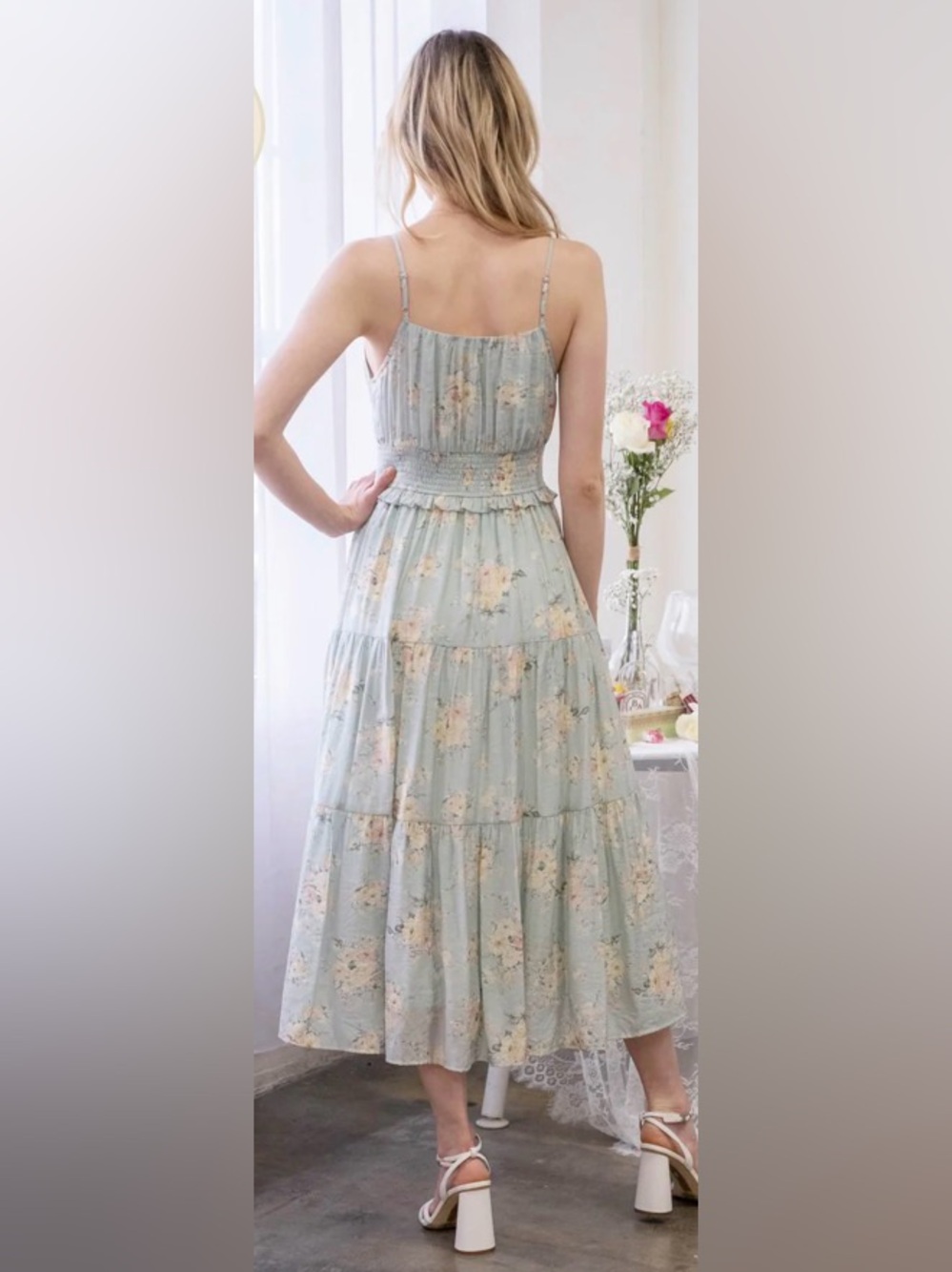 By the River Floral Smocked Tiered Midi Sundress w Vintage Cream & Pink Floral - Picture 14 of 16